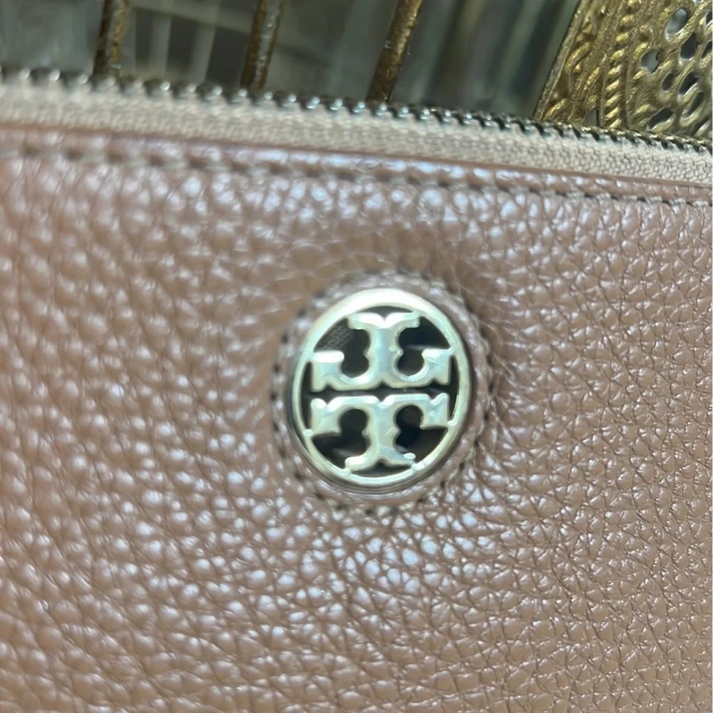 Tory Burch Brown Pebbled Leather Crossbody Wallet with Gold Logo